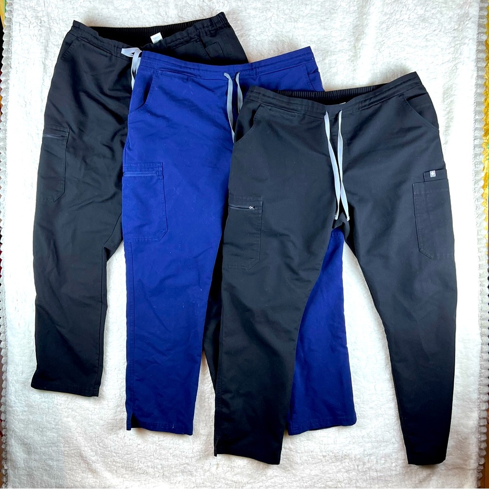 Figs Yola Skinny LOT OF 3 Womens Scrub Pants Large Petite 2 Solid Black 1 Blue